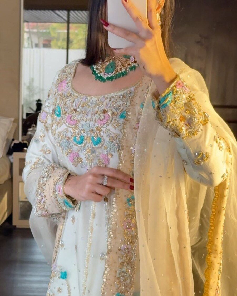 DESIGNER GEORGETTE SEQUENCE THREAD EMBROIDERY WOTK TOP SHARARA WITH DUPATTA OFF WHITE