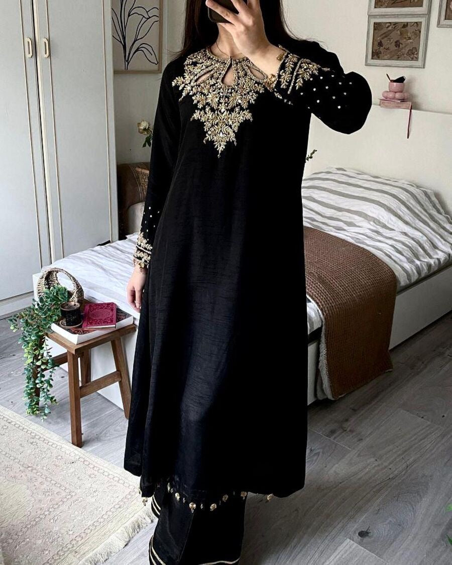 FASHIONABLE CHINON SILK EMBROIDERY SEQUENCE WORK TOP PALAZZO WITH DUPATTA BLACK