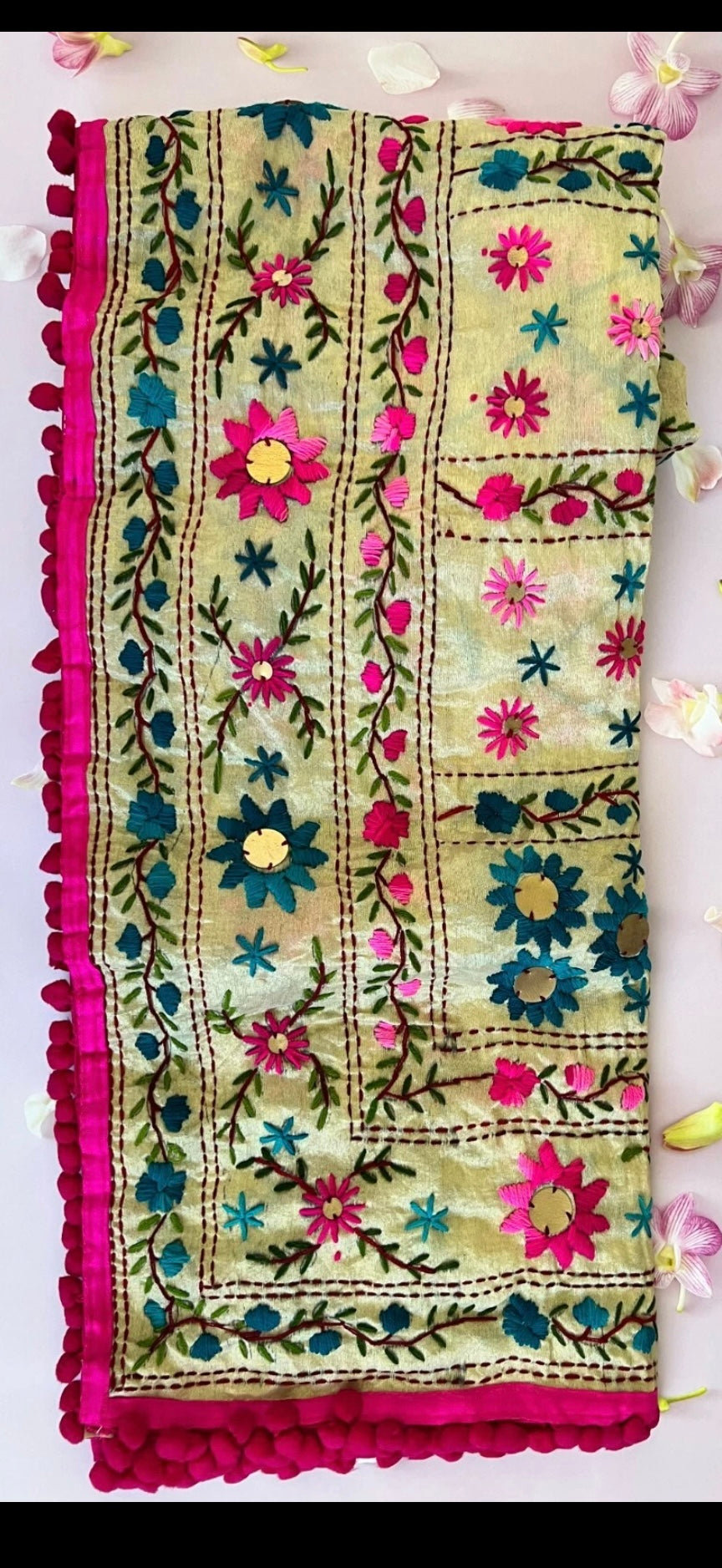 Beautiful Indain Mix Silk Route Handmade Phulkari Dupatta Embroidered Chanderi Scarf