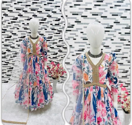 INDIAN DESIGNER GEORGETTE DIGITAL PRINT WORK KIDS GOWN WITH DUPATTA MULTI A3to5