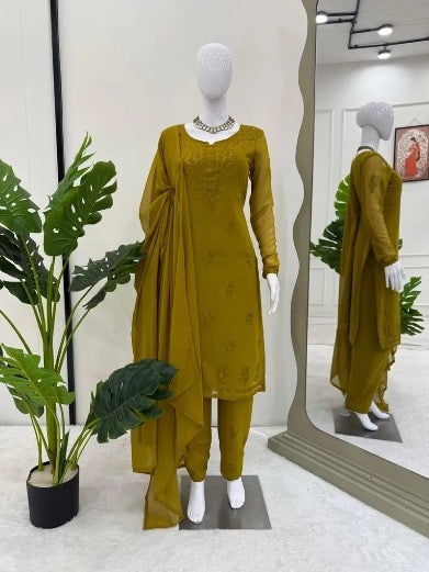 DESIGNER GEORGETTE INTRICATE THREAD WORK TOP BOTTOM WITH DUPATTA MEHNDI