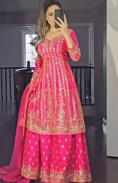 FANCY MALAI SATIN SILK EMBROIDERY SEQUENCE WORK TOP PALAZZO WITH DUPATTA PINK