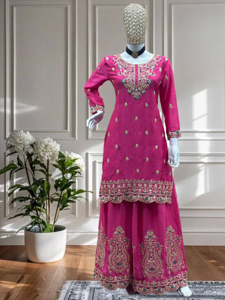 MODERN CHINON EMBROIDERY SEQUENCE CODING DESIGN WORK TOP PALAZZO WITH DUPATTA IN XL