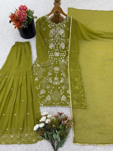 DESIGNER GEORGETTE EMBROIDERY SEQUENCE WORK TOP SHARARA WITH DUPATTA