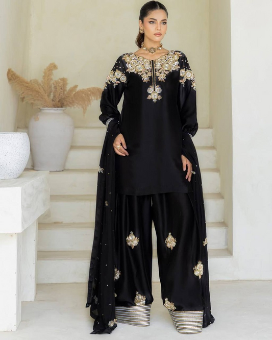 LATEST CREPE SILK SEQUENCE EMBROIDERY WORK TOP PATIYALA WITH DUPATTA BLACK