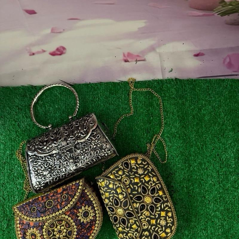 Handcrafted Modern Mosaic Evening Clutches for Women Indian Artisans' Metal Purse Accessory for Parties and Special Events