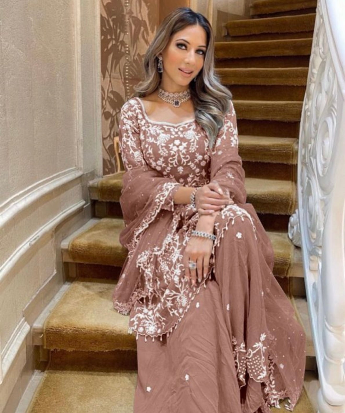 FASHIONABLE HEAVY NET GEORGETTE CHINE SEQUENCE EMBROIDERY WORK TOP PALAZZO WITH DUPATTA