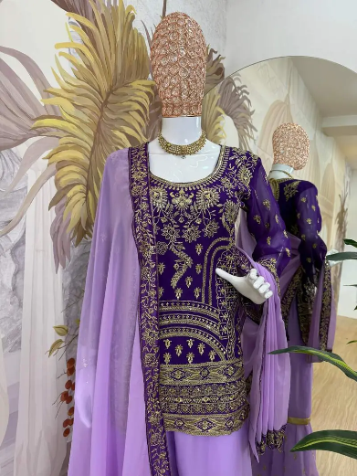 RICH LOOK GEORGETTE EMBROIDERY WORK TOP SHARARA WITH DUPATTA PURPLE