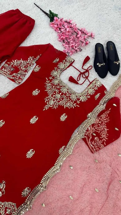 FANCY GEORGETTE EMBROIDERY SEQUENCE WORK TOP SHARARA WITH DUPATTA RED SIZE XL