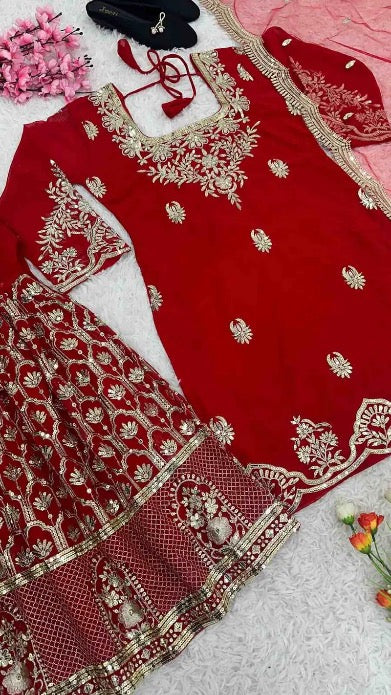 FANCY GEORGETTE EMBROIDERY SEQUENCE WORK TOP SHARARA WITH DUPATTA RED SIZE XL