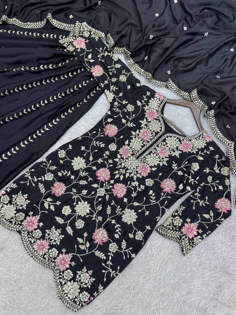 DESIGNER CHINON EMBROIDERY SEQUENCE THREAD WORK TOP PALAZZO WITH DUPATTA