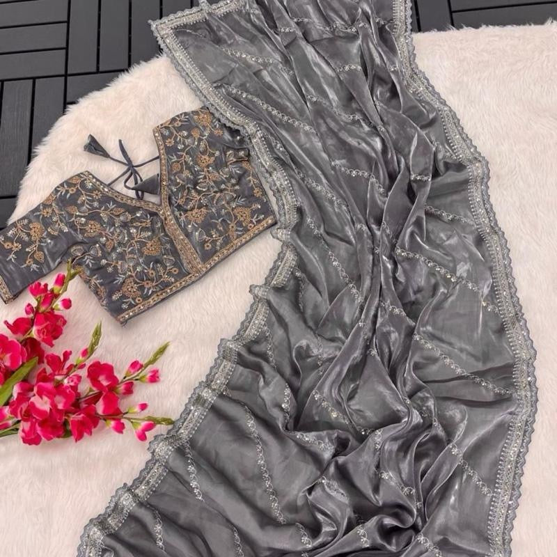 PARTY WEAR HIGH END SILK SEQUENCE WORK SAREE WITH  READY MADE BLOUSE up to 42”