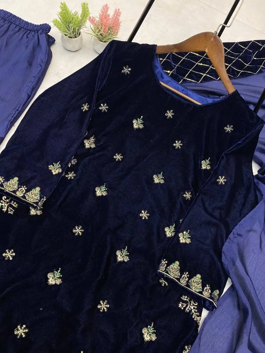 RICH LOOK VELVET SEQUENCE EMBROIDERY WORK TOP PALAZZO WITH DUPATTA BLUE IN XL