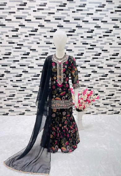 FANCY GEORGETTE DIGITAL PIRNT EMBROIDERY WORK TOP SHARARA WITH DUPATTA MOTHER DAUGHTER COMBO BROWN