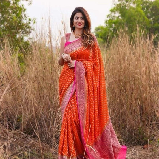 INDIAN FASHIONABLE SOFT LICHI SILK SAREE WITH UNSTITCHED BLOUSE ORANGE