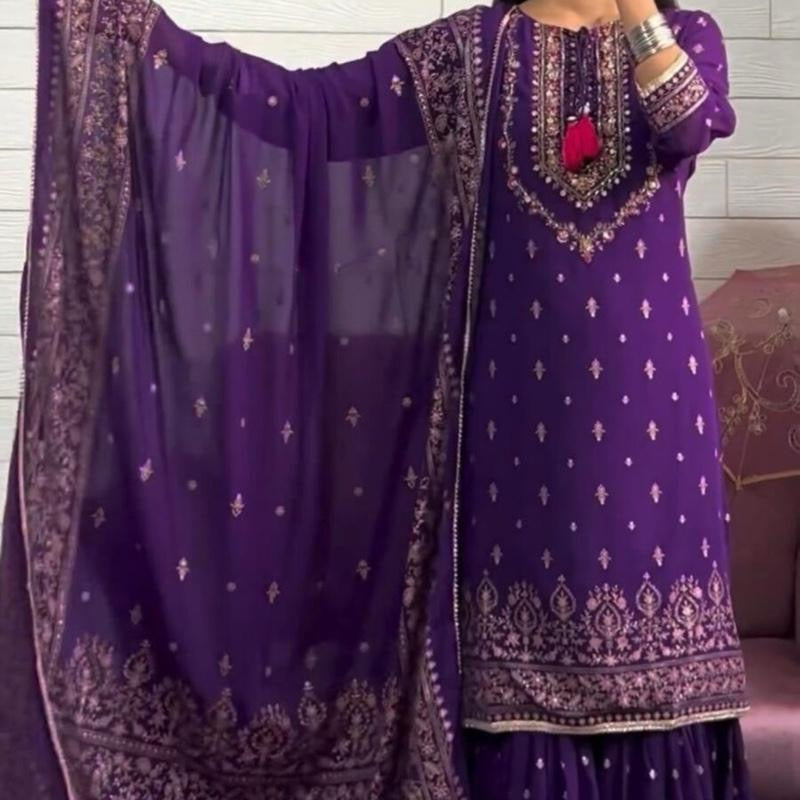 FASHIONABLE CHINON SILK EMBROIDREY SEQUENCE WORK TOP SHARARA WITH DUPATTA