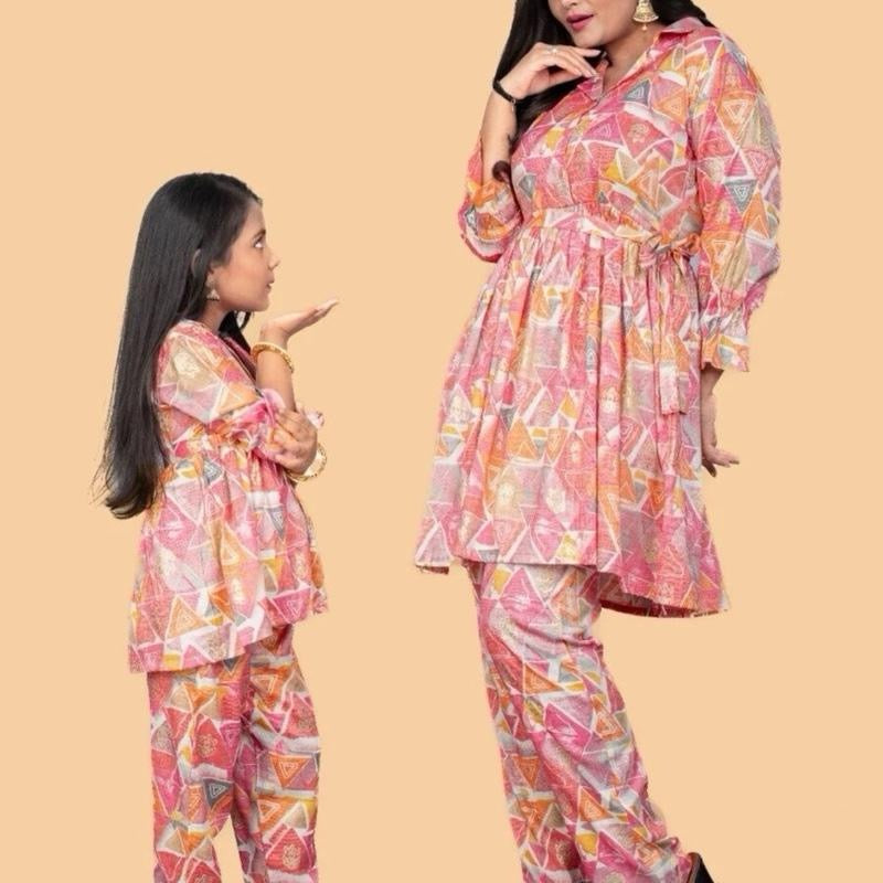 DESIGNER RAYON FOIL PRINT WORK MOTHER DAUGHTER CORD SET BABY pick yours