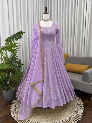 DESIGNER GEORGETTE FOIL WORK GOWN BOTTOM WITH DUPATTA GEORGETTE LAVENDER