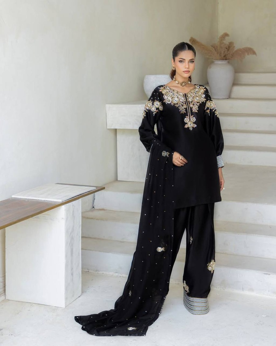 LATEST CREPE SILK SEQUENCE EMBROIDERY WORK TOP PATIYALA WITH DUPATTA BLACK