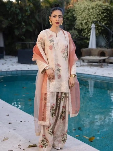 DESIGNER CHIFFON GEORGETTE DIGITAL PRINT WITH HEAVY EMBROIDERY WORK TOP PATIYALA WITH DUPATTA OFF WHITE IN LARGE