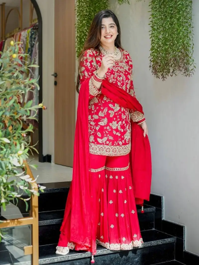 RICH LOOK GEORGETTE EMBROIDERY SEQUENCE WORK TOP SHARARA WITH DUPATTA RED