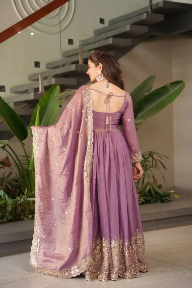 DESIGNER FENDY SILK EMBROIDERY SEQUENCE WORK GOWN WITH DUPATTA LAVENDER