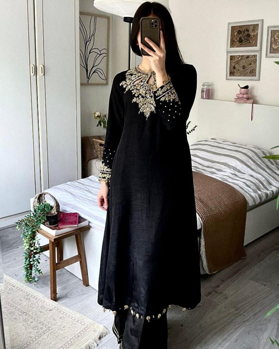 FASHIONABLE CHINON SILK EMBROIDERY SEQUENCE WORK TOP PALAZZO WITH DUPATTA BLACK