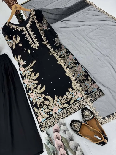 DESIGNER GEORGETTE EMBROIDERY SEQUENCE WORK WITH PERAL MOTI HAND WORK TOP PALAZZO WITH DUPATTA BLACK