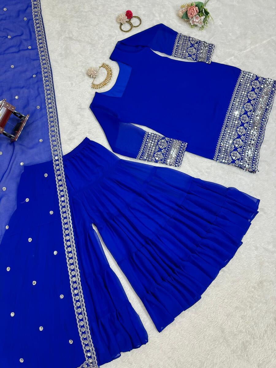 FANCY GEORGETTE THREAD WITH SEQUENCE WORK TOP SHARARA WITH DUPATTA