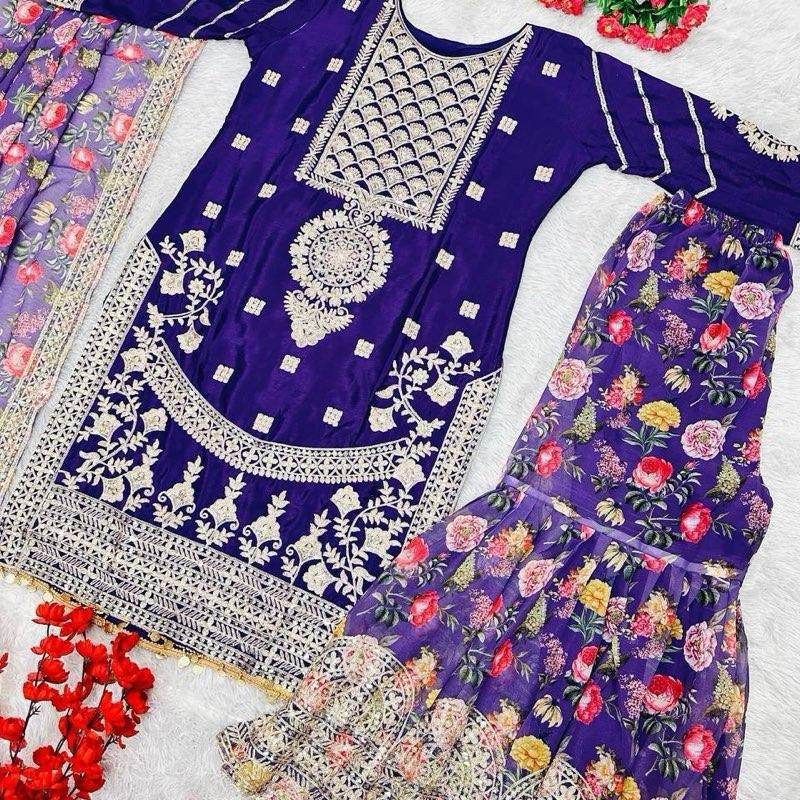 FASHIONABLE CHINON SILK CHINE SEQUENCE WORK TOP SHARARA WITH DUPATTA