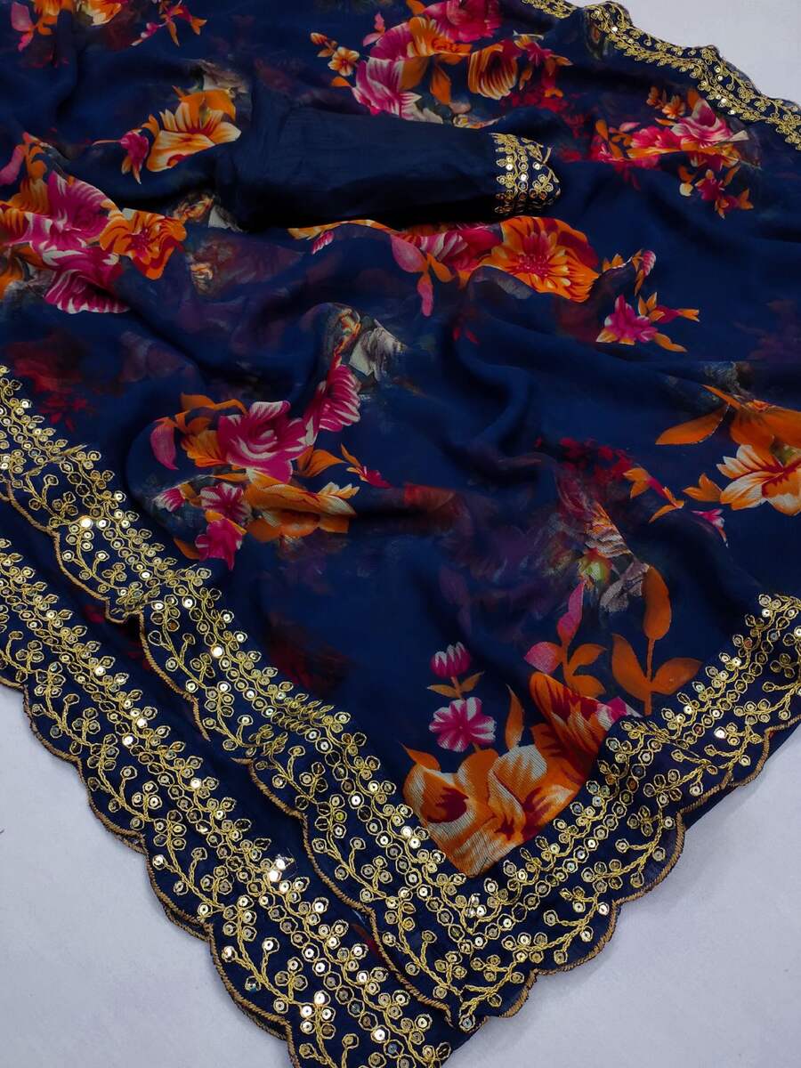 NEW ARRIVAL GEORGETTE FLORAL PRINTED SEQUENCE LACE WORK SAREE WITH UNSTITCHED BLOUSE