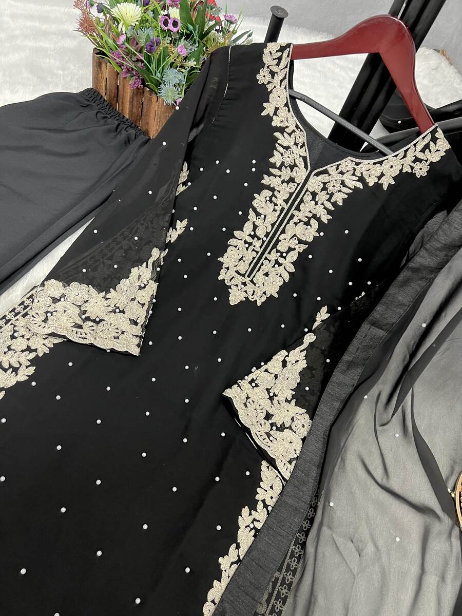LATEST FAUX GEORGETTE EMBROIDERY AND RIVETED MOTI WORK TOP BOTTOM WITH DUPATTA BLACK