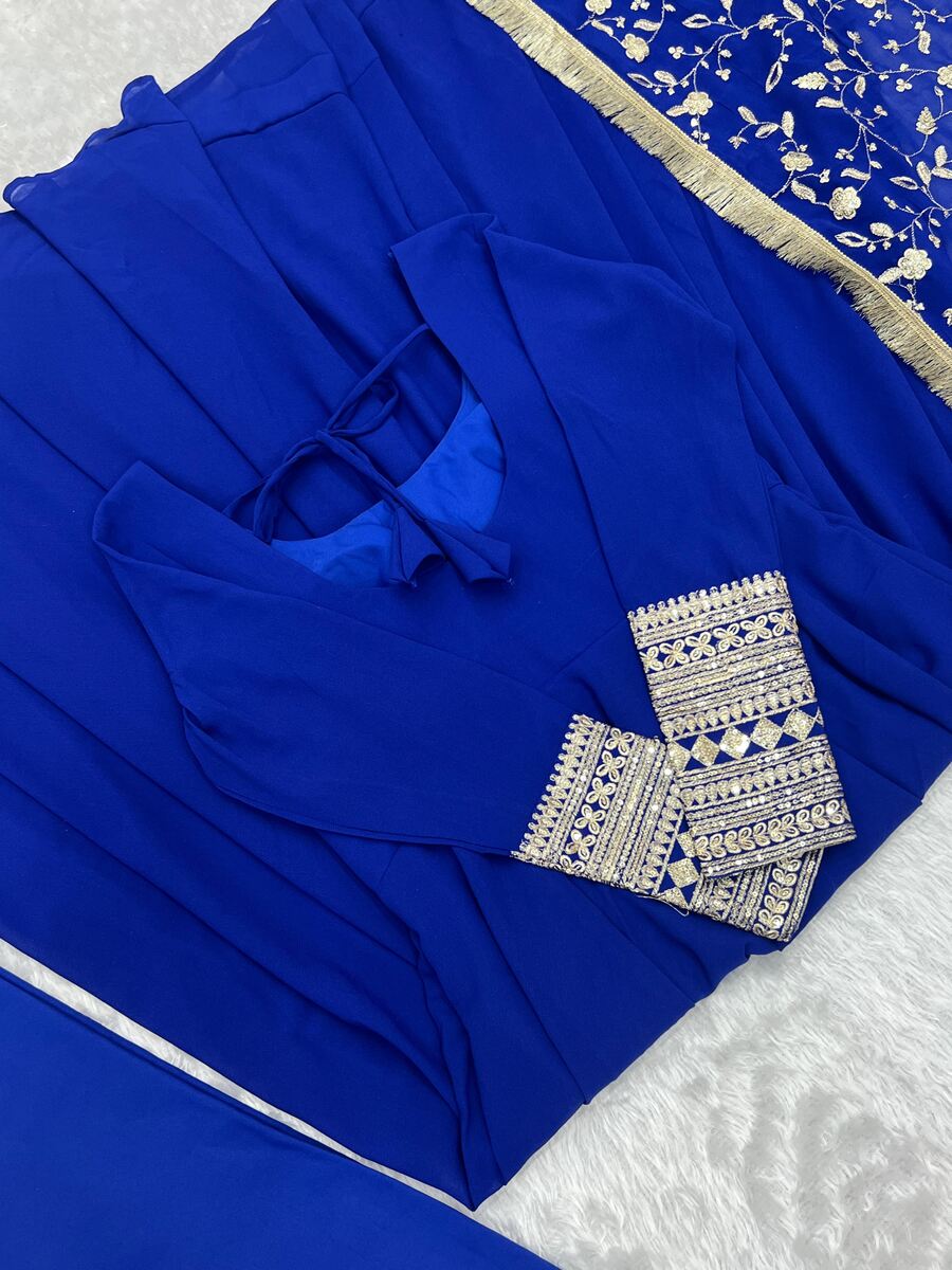 FASHIONABLE GEORGETTE SEQUENCE ZARI WORK GOWN PENT WITH DUPATTA BLUE