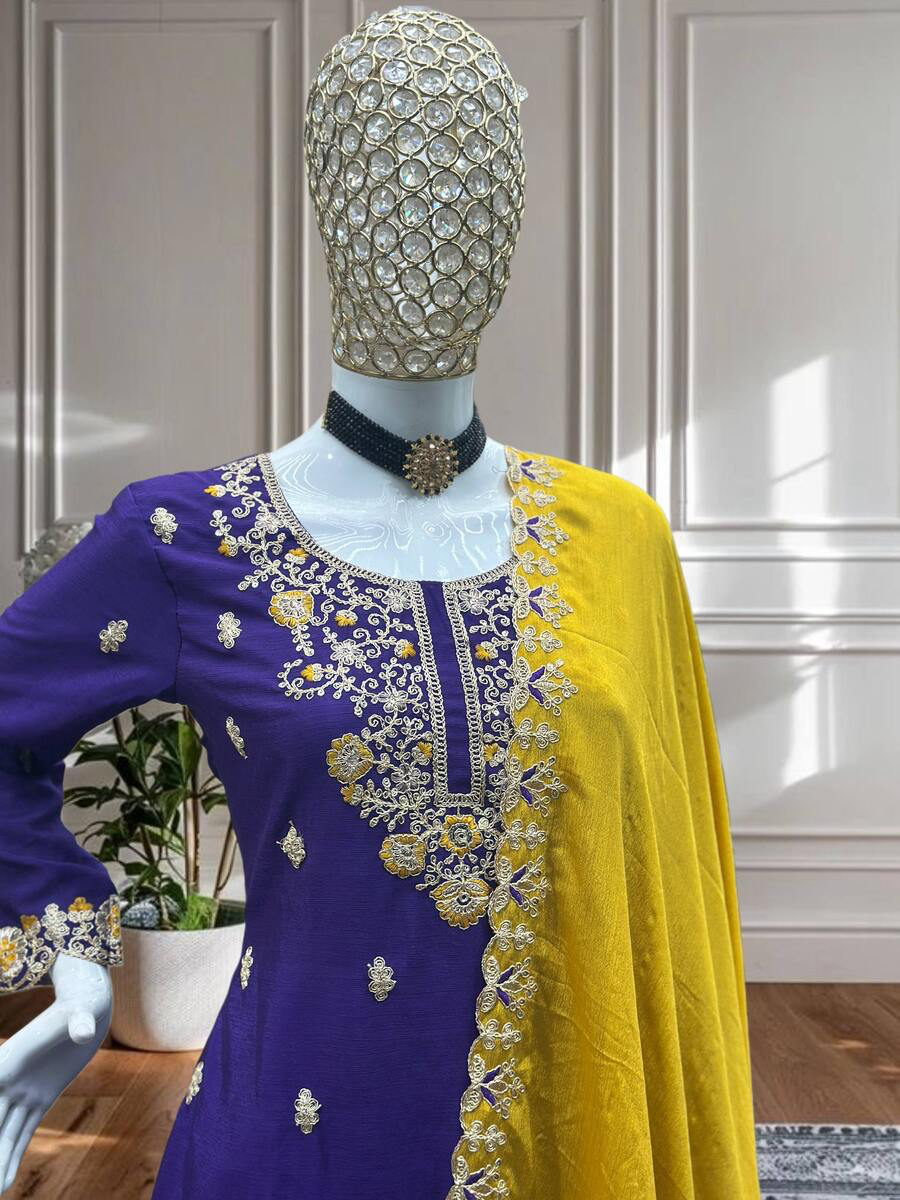 MODERN CHINON EMBROIDERY SEQUENCE CODING DESIGN WORK TOP PALAZZO WITH DUPATTA IN XL