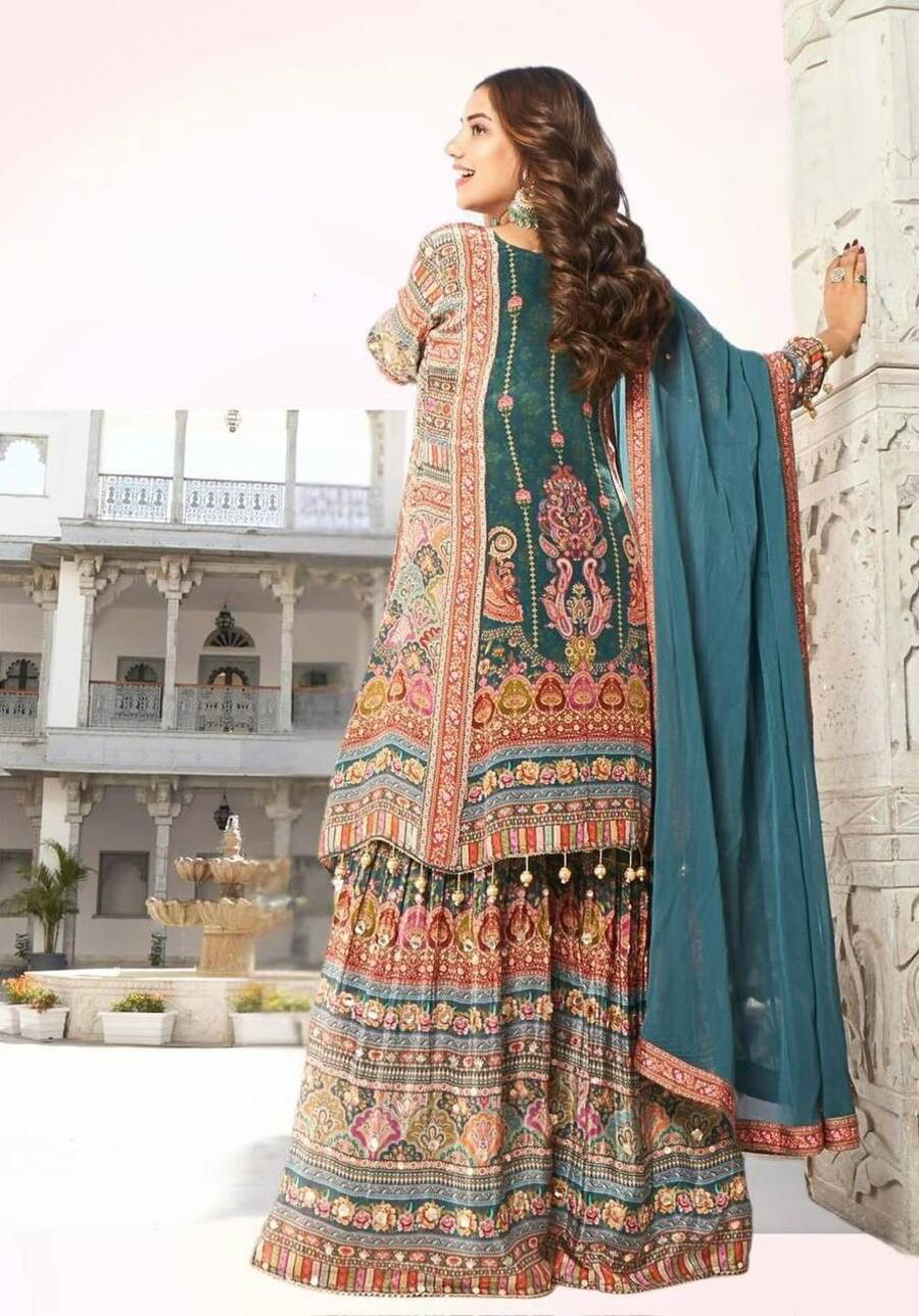TRENDING GEORGETTE DIGITAL PRINT WITH REAL MIRROR HAND WORK AND FANCY LACE WORK TOP PALAZZO WITH DUPATTA RAMA