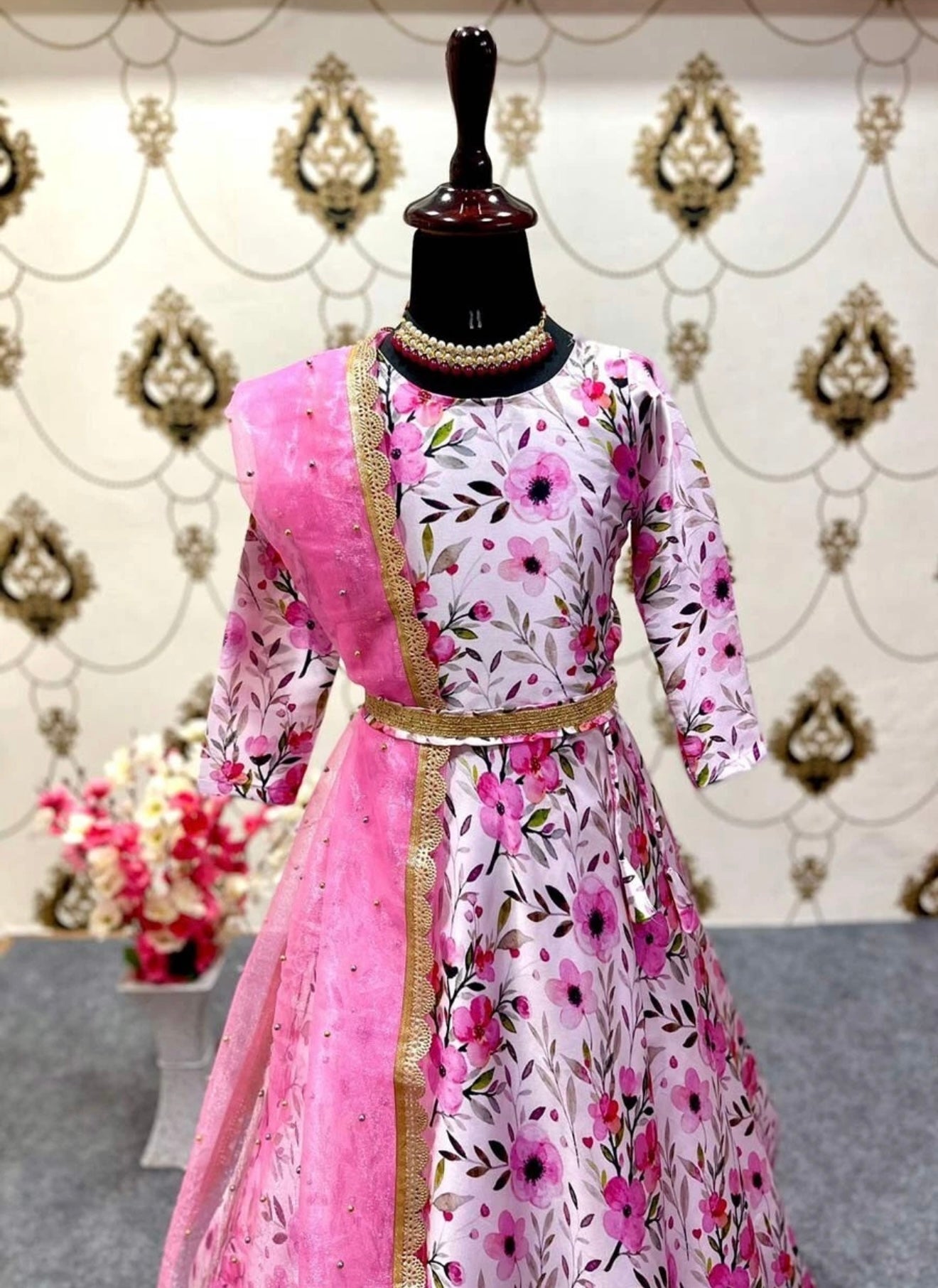 Kids Indian Traditional DIGITAL PRINT WORK GOWN WITH DUPATTA PINK age 3 to 5.