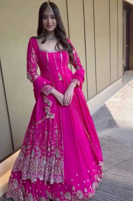 RICH LOOK GEORGETTE EMBROIDERY SEQUENCE WORK TOP LEHENGA WITH DUPATTA PINK
