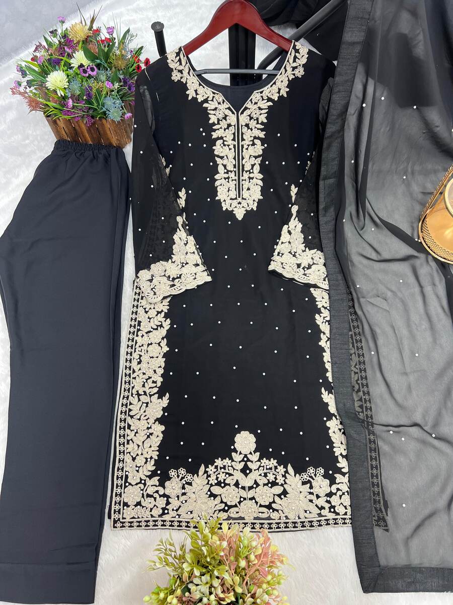 LATEST FAUX GEORGETTE EMBROIDERY AND RIVETED MOTI WORK TOP BOTTOM WITH DUPATTA BLACK