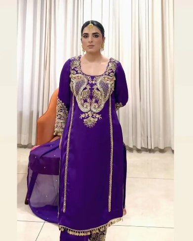 FANCY GEORGETTE EMBROIDERY SEQUENCE WORK WITH FANCY LACE BORDER WORK TOP BOTTOM WITH DUPATTA PUPRLE