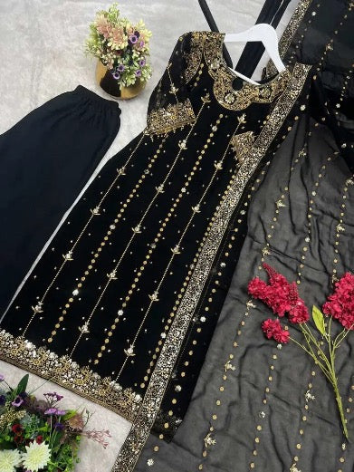 RICH LOOK GEORGETTE EMBROIDERY AND SEQUENCE WORK WITH LACE BORDER WORK TOP BOTTOM WITH DUPATTA BLACK