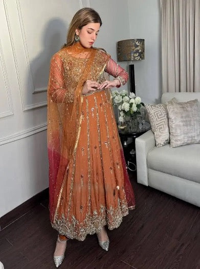 FANCY GEORGETTE SEQUENCE EMBROIDERY WORK GOWN WITH DUPATTA ORANGE