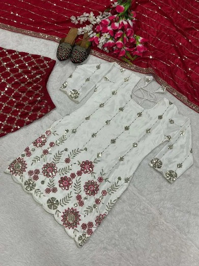 RICH LOOK CHINON SILK SEQUENCE EMBROIDERY WORK TOP SHARARA WITH DUPATTA RED