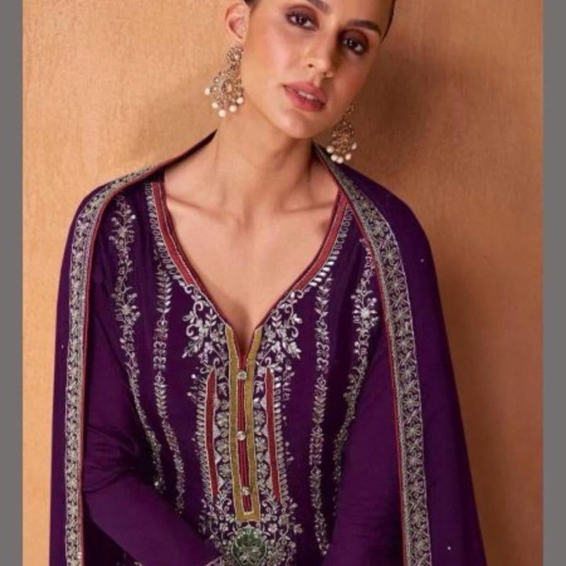 Indian Women's Purple Chinon Fully Stitched Suit Set - Clothing, Womenswear