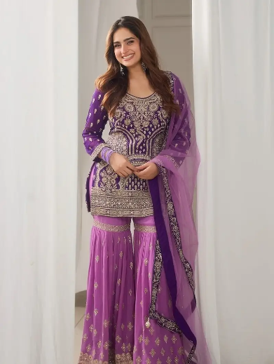 RICH LOOK GEORGETTE EMBROIDERY WORK TOP SHARARA WITH DUPATTA PURPLE