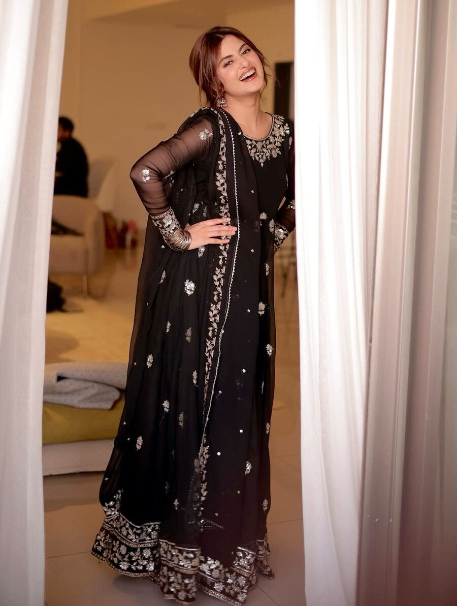 FANCY GEORGETTE EMBROIDERY SEQUENCE WORK GOWN BOTTOM WITH DUPATTA BLACK