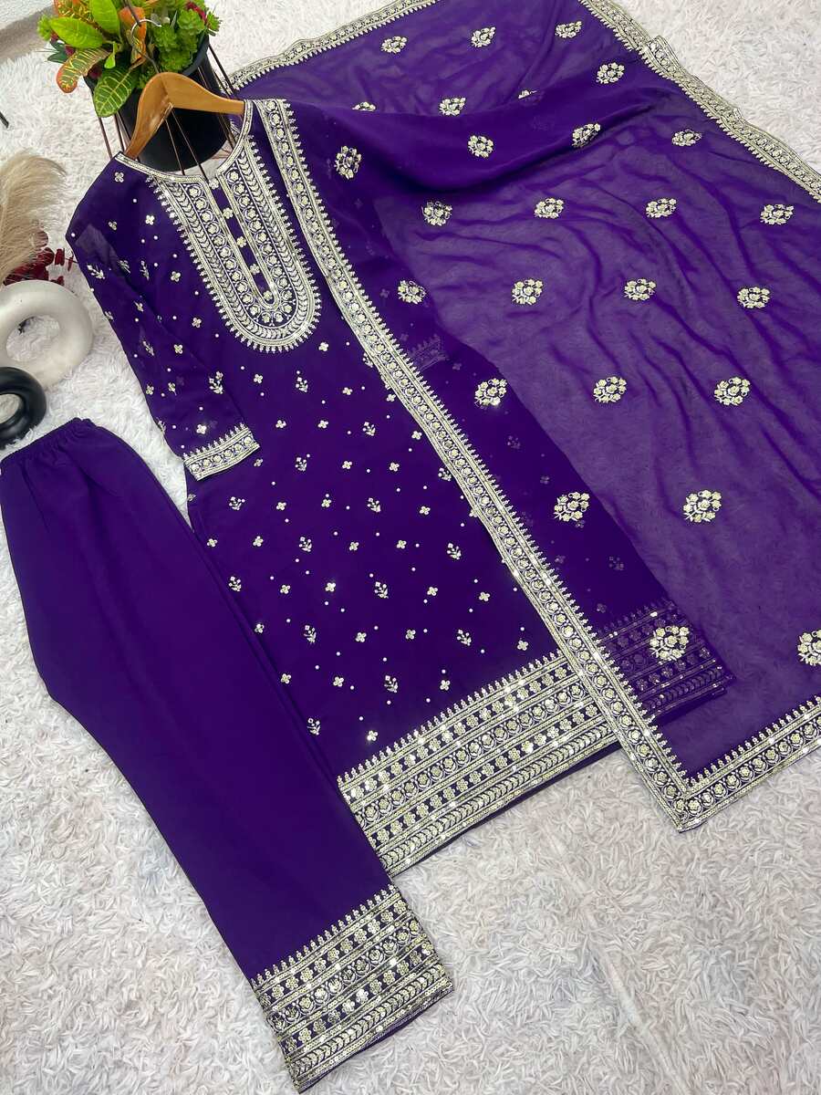 DESIGNER GEORGETTE EMBROIDERY SEQUENCE MOTI WORK TOP BOTTOM WITH DUPATTA PURPLE