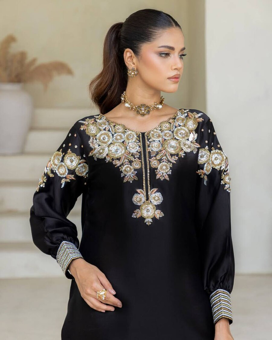 LATEST CREPE SILK SEQUENCE EMBROIDERY WORK TOP PATIYALA WITH DUPATTA BLACK