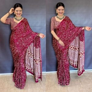 TRENDING CREPE SILK AJARAKH PRINT WITH REAL MIRROR WORK SAREE WITH UNSTITCHED BLOUSE