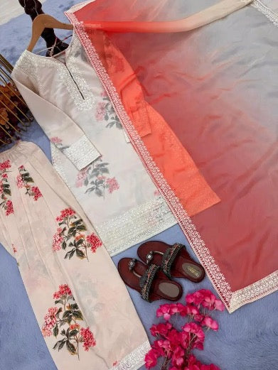 DESIGNER CHIFFON GEORGETTE DIGITAL PRINT WITH HEAVY EMBROIDERY WORK TOP PATIYALA WITH DUPATTA OFF WHITE IN LARGE