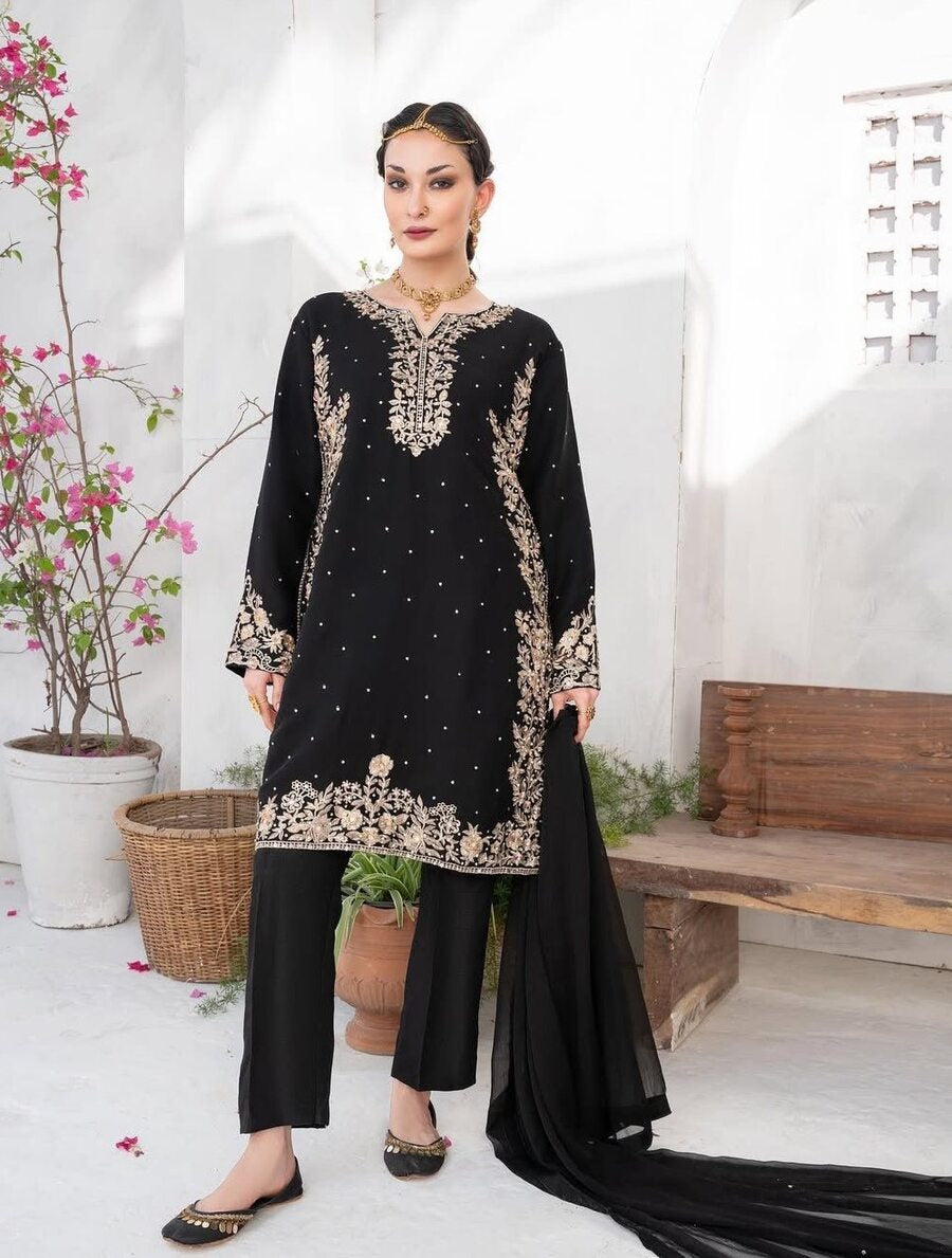 LATEST FAUX GEORGETTE EMBROIDERY AND RIVETED MOTI WORK TOP BOTTOM WITH DUPATTA BLACK